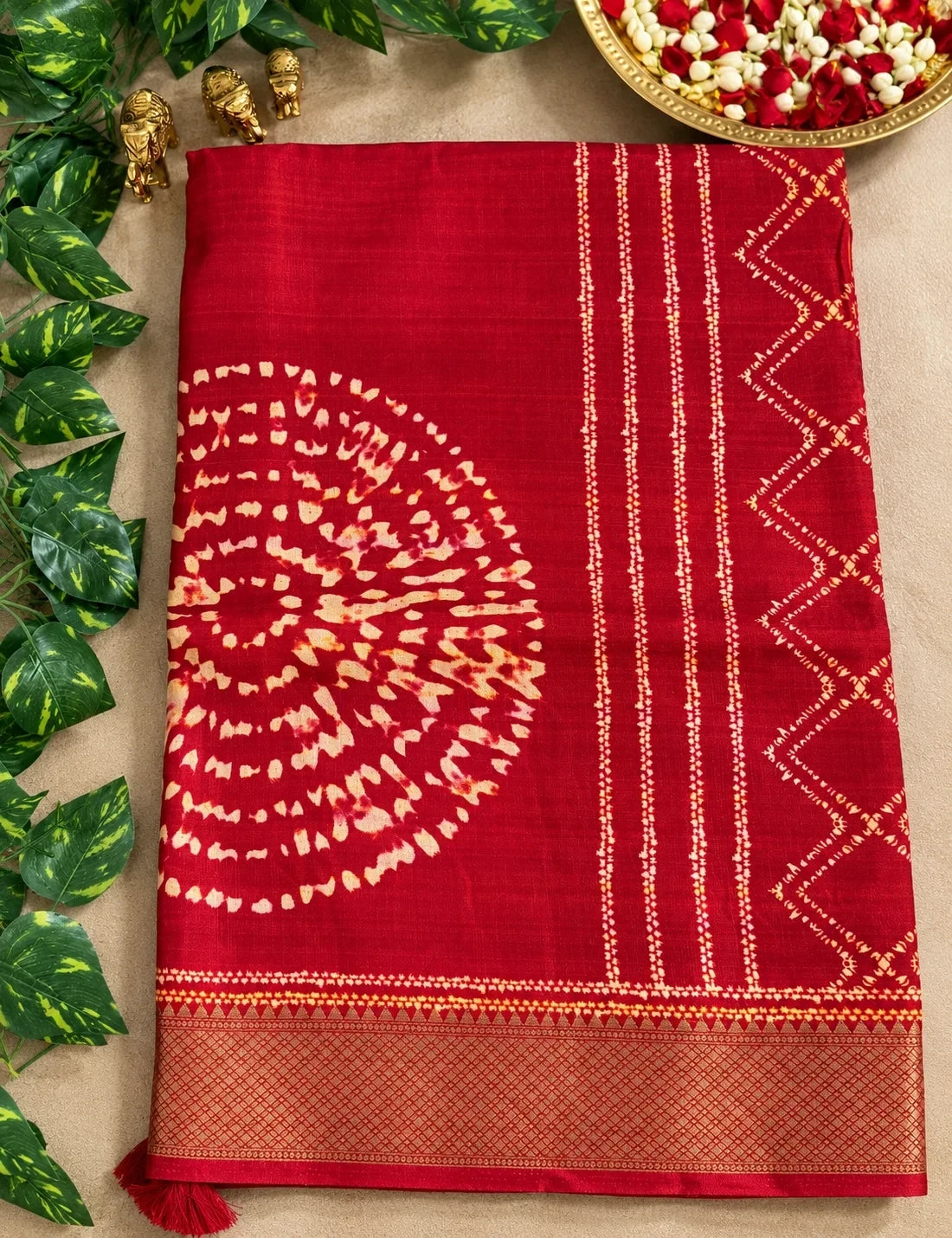 House Of Paramya maroon and orange ombre viscose vegan silk saree with gold zari border and bandhani mandala print