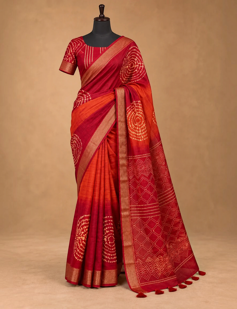 House Of Paramya maroon and orange ombre viscose vegan silk saree with gold zari border and bandhani print motifs.