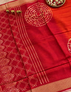 House Of Paramya maroon and orange ombre viscose vegan silk saree with gold bandhani print and zari border