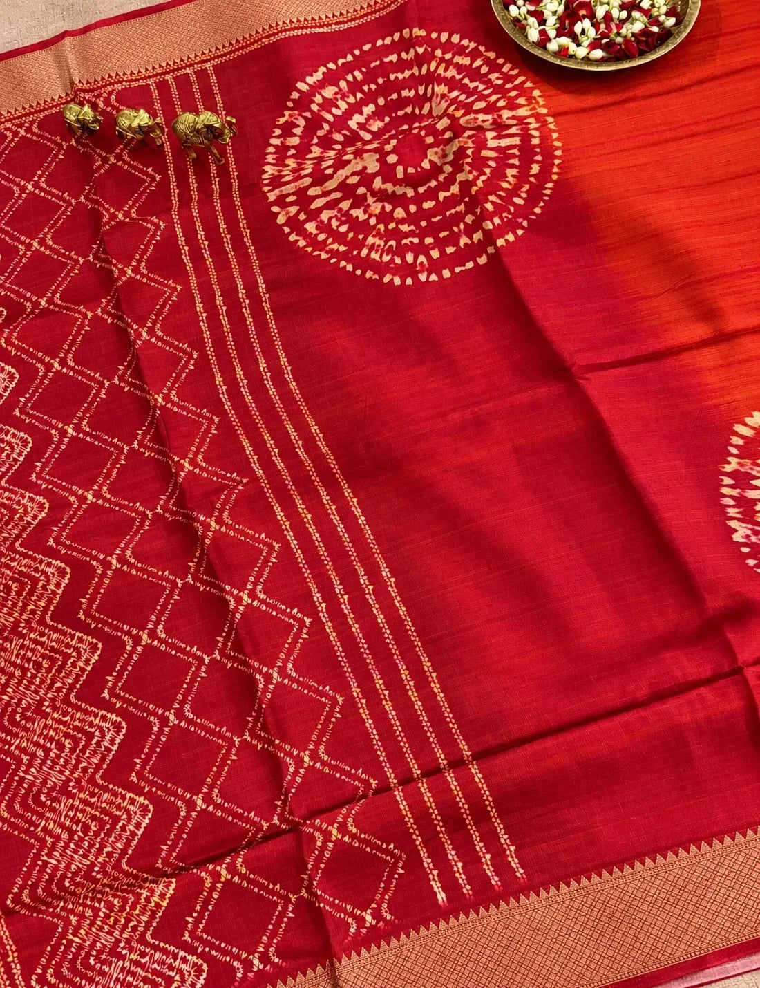 House Of Paramya maroon and orange ombre viscose vegan silk saree with gold bandhani print and zari border