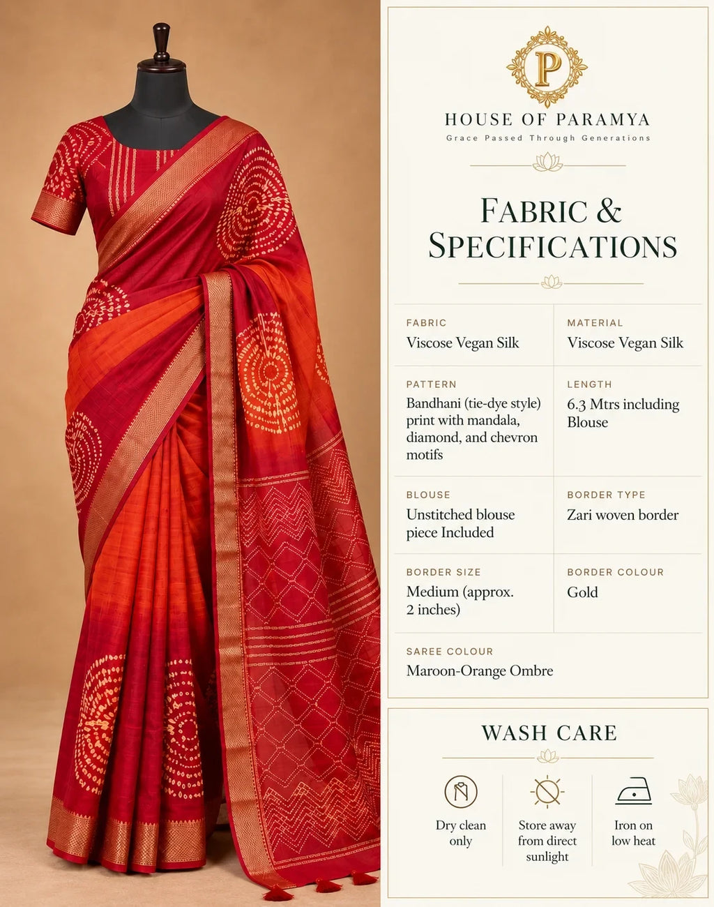 House Of Paramya maroon and orange ombre viscose vegan silk saree with gold zari border and bandhani mandala print.
