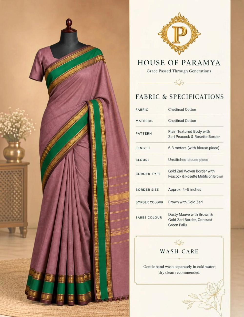 House Of Paramya dusty mauve Chettinad cotton saree with a brown gold zari peacock border and contrast green pallu.