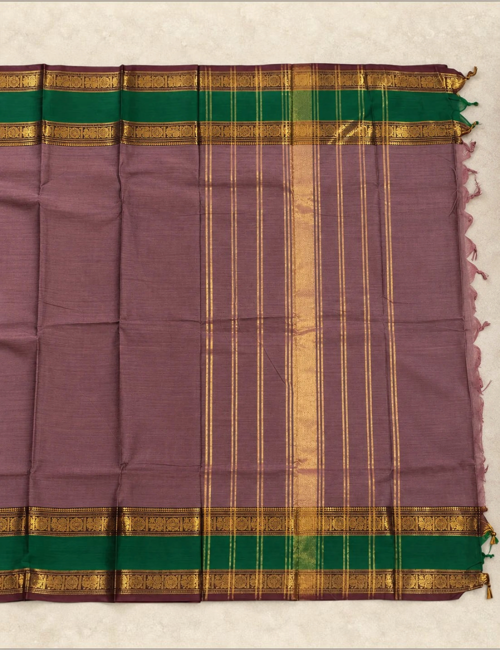 House Of Paramya dusty mauve Chettinad cotton saree featuring a brown gold zari peacock border and green pallu
