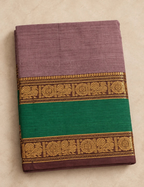 House Of Paramya dusty mauve Chettinad cotton saree with brown gold zari peacock border and contrast green pallu