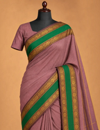 House Of Paramya dusty mauve Chettinad cotton saree with a green pallu and brown gold zari peacock border on a mannequin