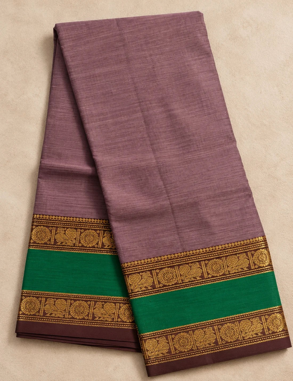 House Of Paramya dusty mauve Chettinad cotton saree with brown gold zari peacock border and contrast green pallu