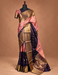 House Of Paramya color-blocked dusty mauve and plum soft silk Banarasi saree with intricate gold zari paisley border.