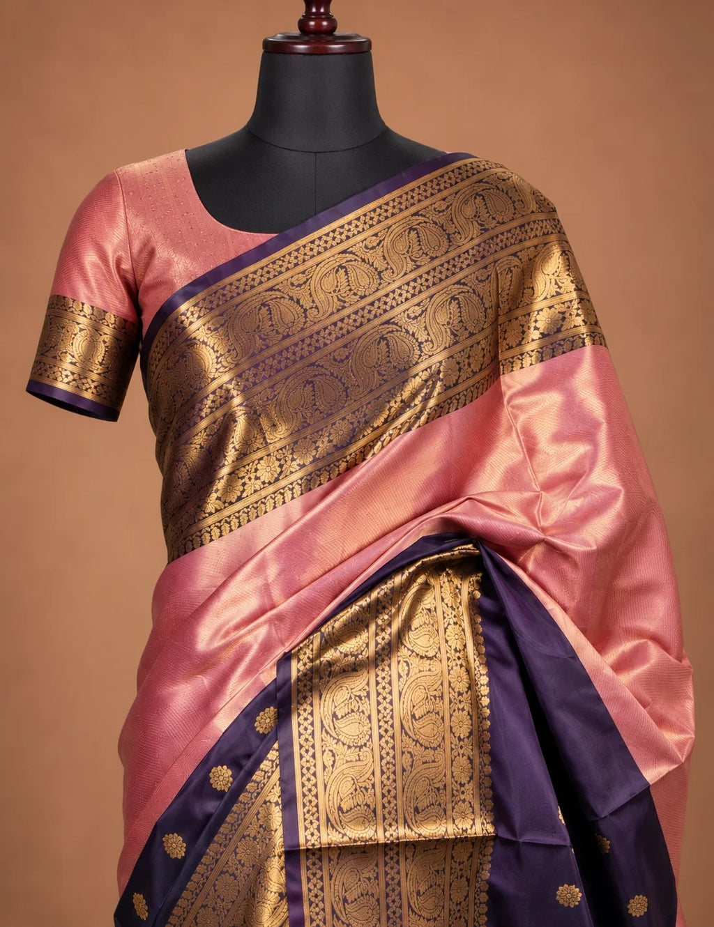 House Of Paramya dusty mauve and plum Banarasi soft silk saree with gold zari paisley border and floral motifs