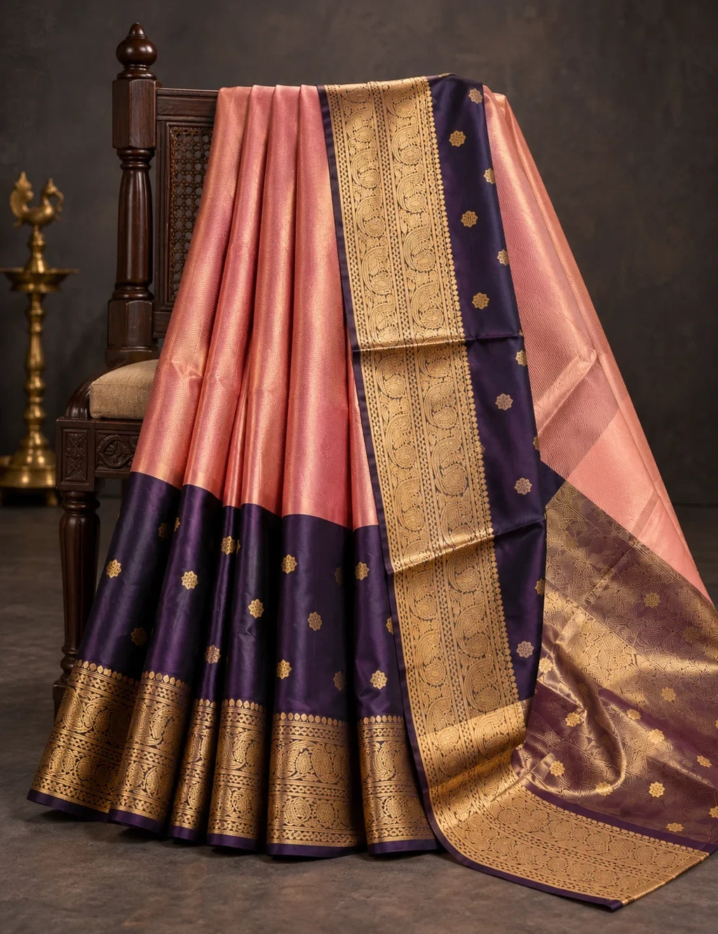House Of Paramya dusty mauve and plum soft silk Banarasi saree with intricate gold zari paisley border and buti motifs