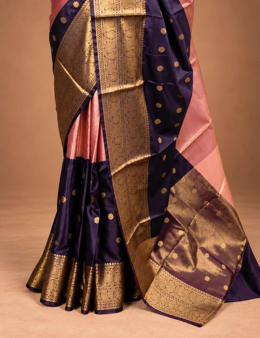 House Of Paramya dusty mauve and plum soft silk Banarasi saree with gold zari paisley border and floral buti motifs