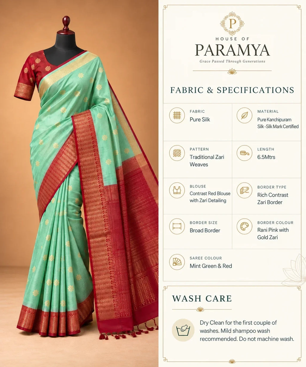 House Of Paramya mint green Kanchipuram silk saree with a rani pink zari border and matching contrast blouse