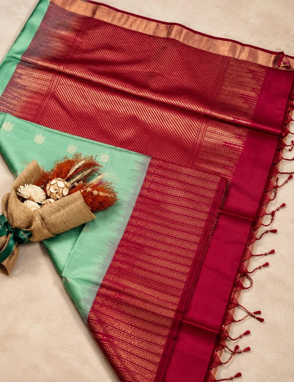 House Of Paramya mint green Kanchipuram silk saree with a rani pink zari border and intricate traditional patterns.