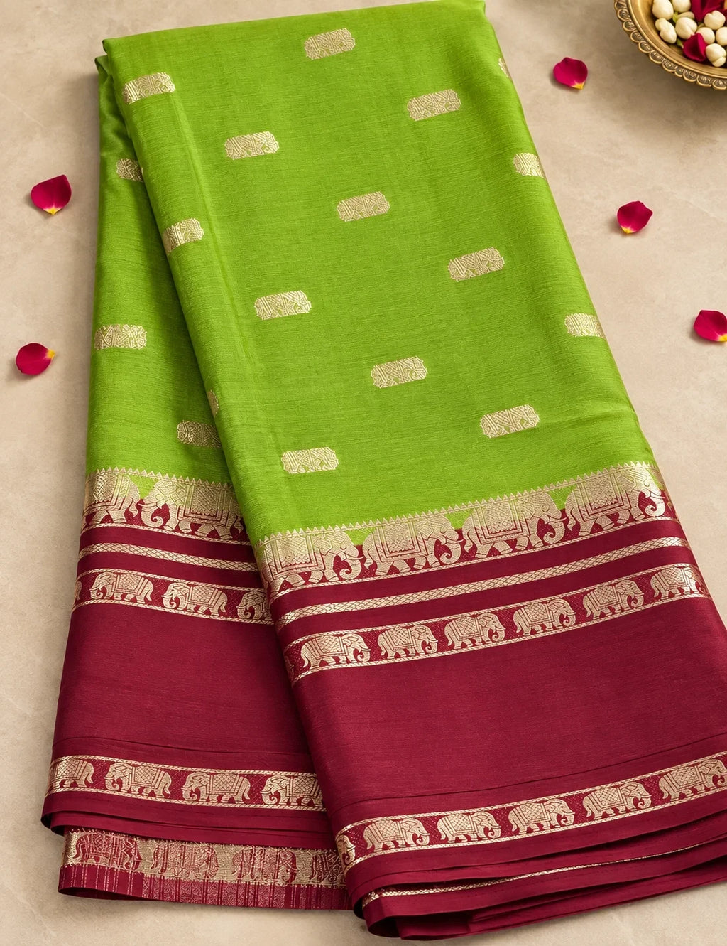 House Of Paramya moss green and brown Mysore silk saree with gold elephant zari border and floral motifs