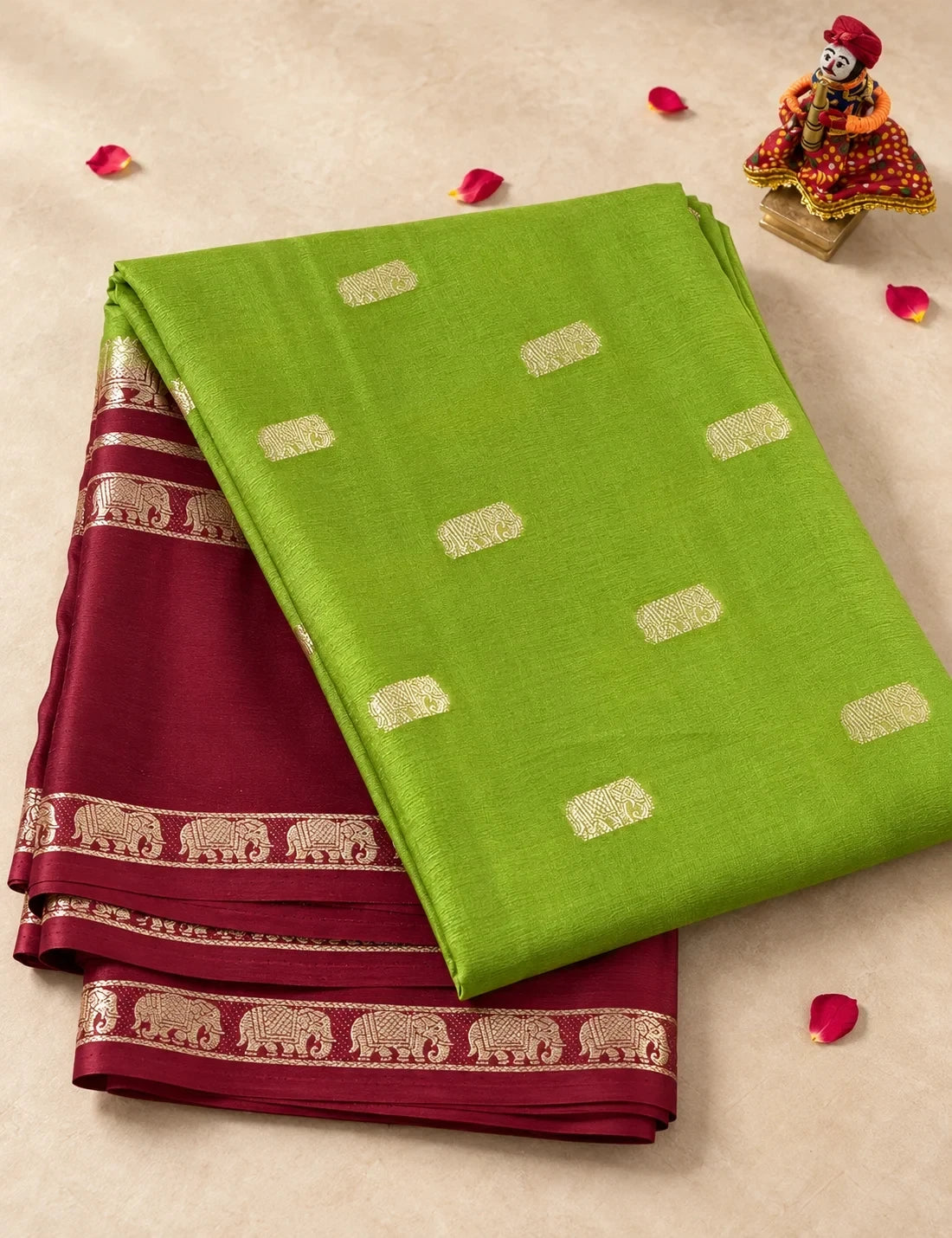 House Of Paramya moss green and brown Mysore silk saree with gold elephant motifs and traditional border