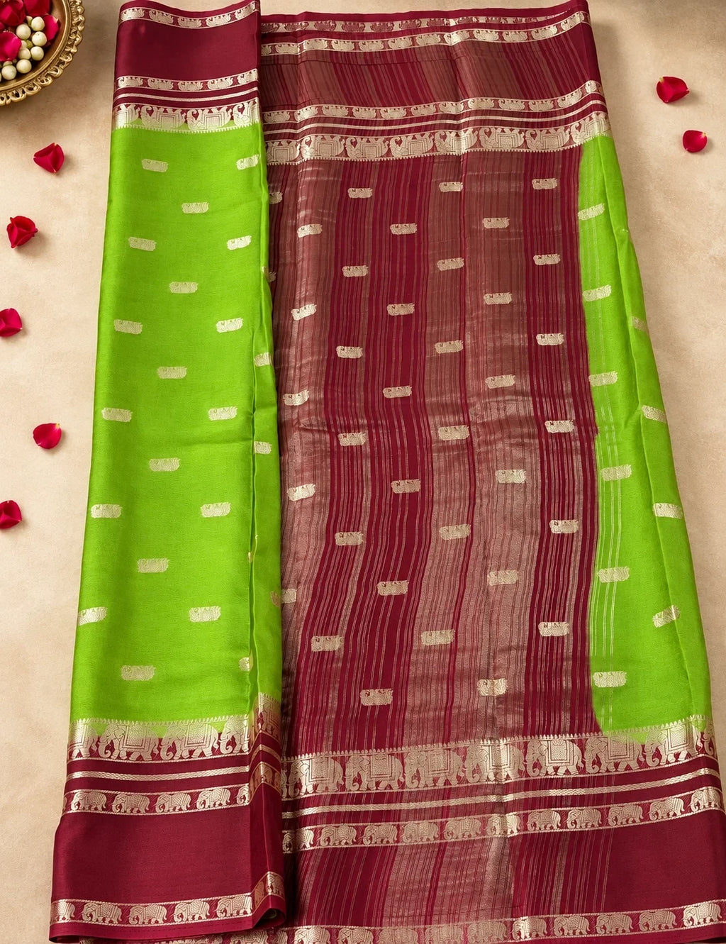 House Of Paramya moss green and brown Mysore silk saree with gold elephant zari borders and traditional motifs