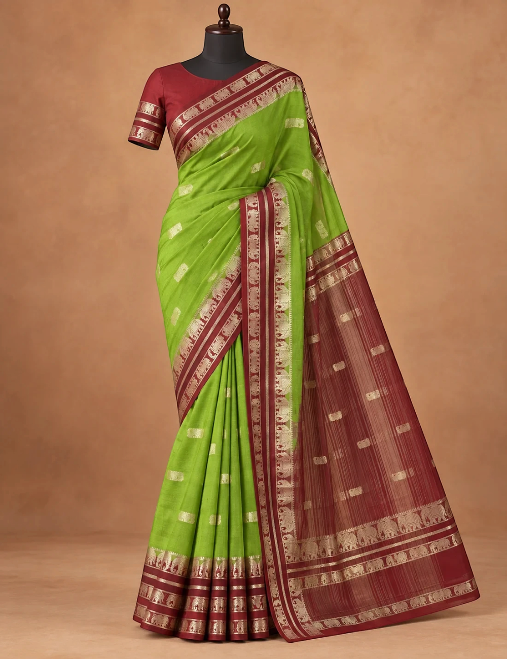 House Of Paramya moss green and brown Mysore silk saree with gold zari elephant border on a mannequin