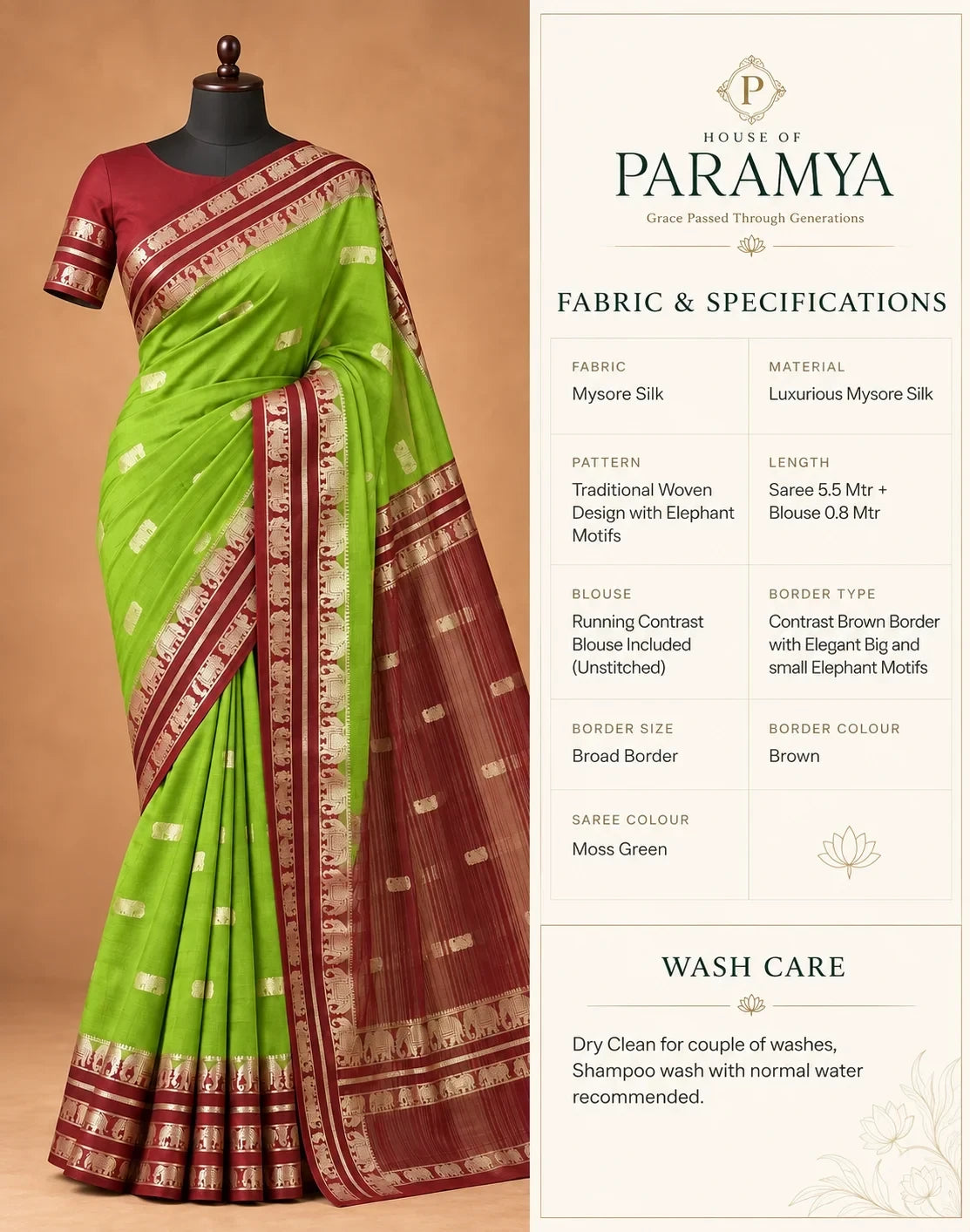 House Of Paramya moss green Mysore silk saree with a broad brown border featuring traditional elephant motifs.