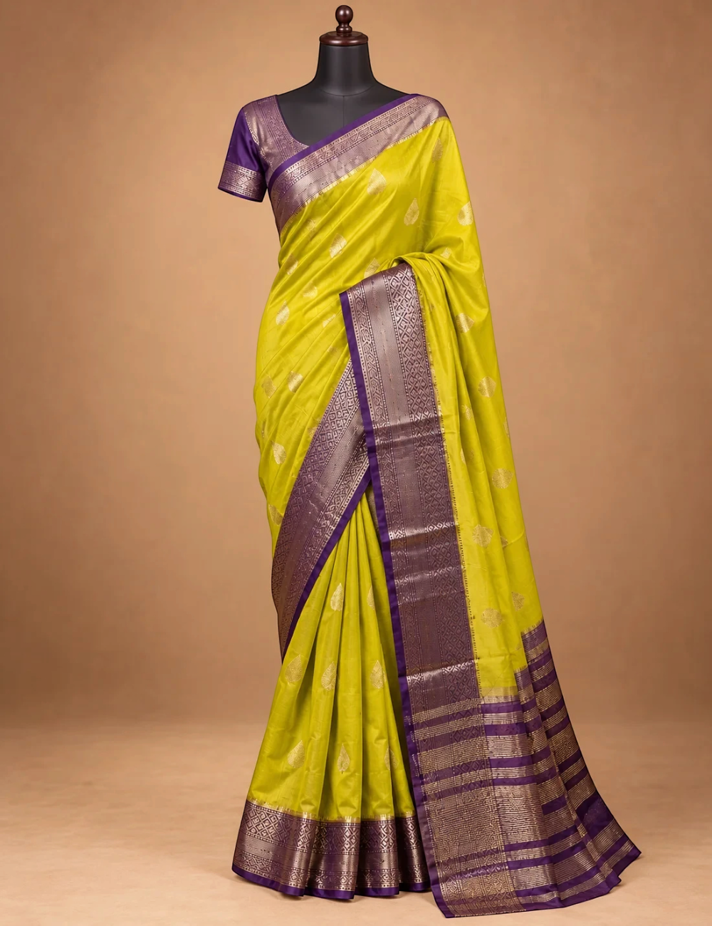 House Of Paramya mustard yellow Assam silk saree with woven leaf buti and a purple border with gold geometric patterns.