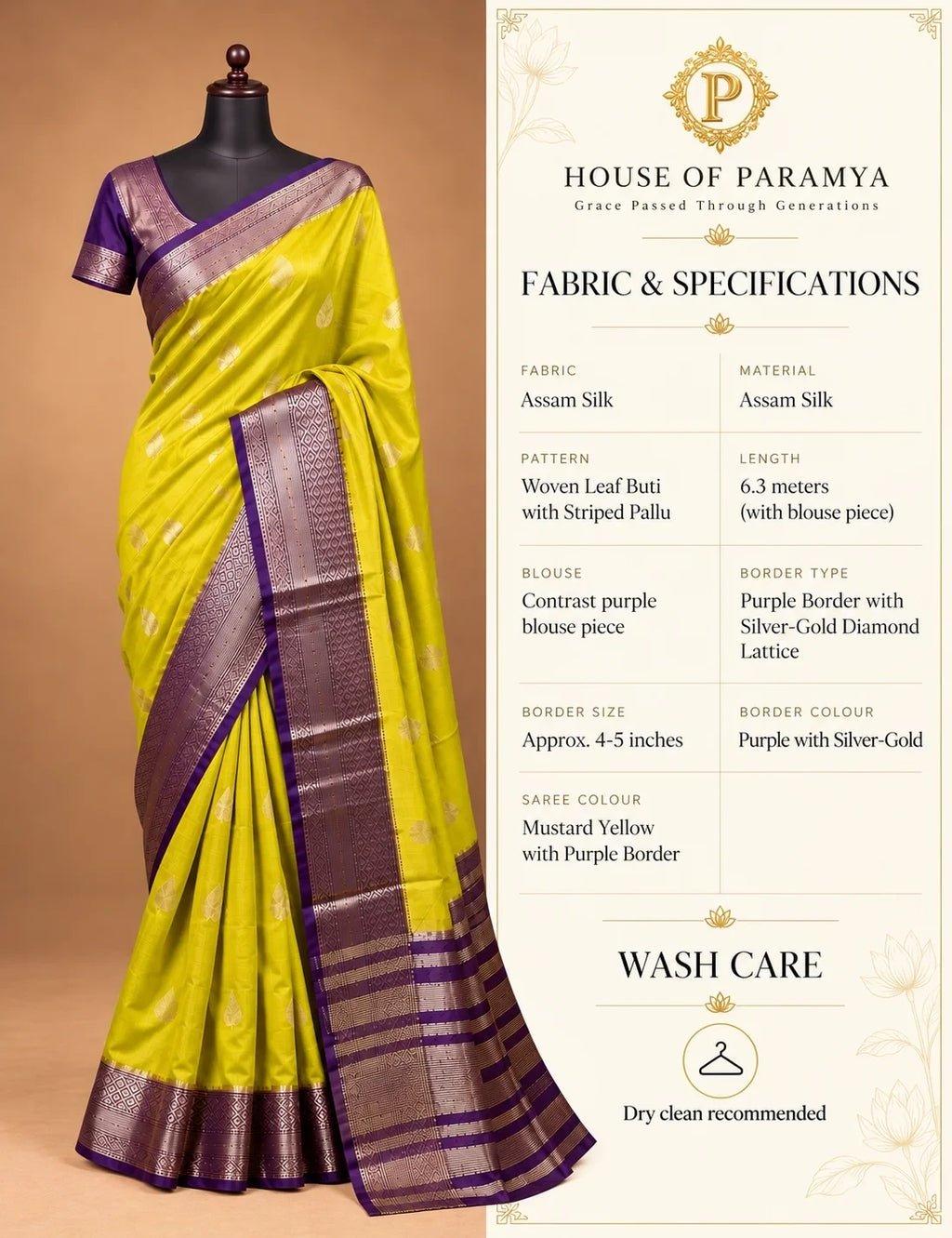 House Of Paramya mustard yellow Assam silk saree with purple border, gold leaf buti motifs, and striped pallu.