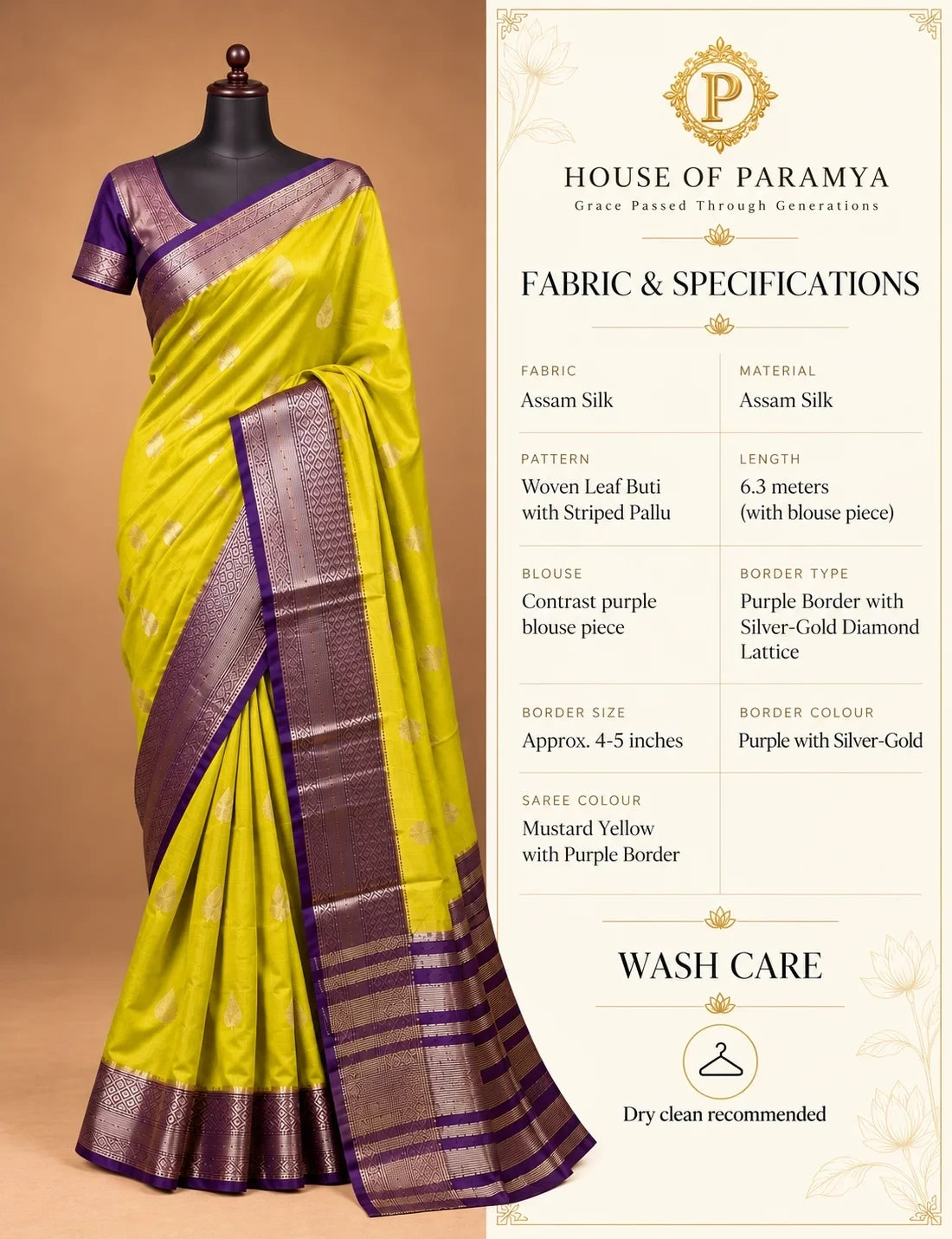 House Of Paramya mustard yellow Assam silk saree with purple border, gold leaf buti motifs, and striped pallu.