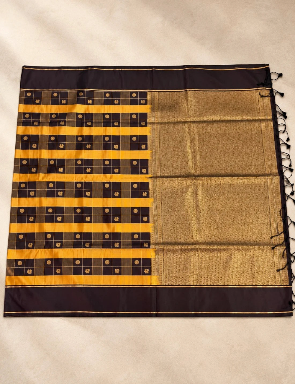 House Of Paramya mustard yellow and brown soft silk saree with traditional check pattern, zari buttis, and gold pallu.