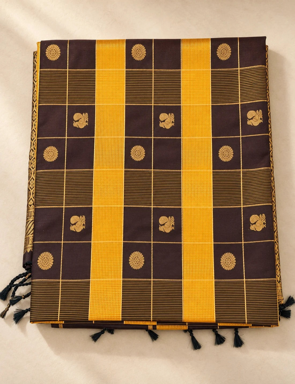 House Of Paramya mustard yellow and brown soft silk saree with Paazhum Pazhamum checks and gold zari buttis.