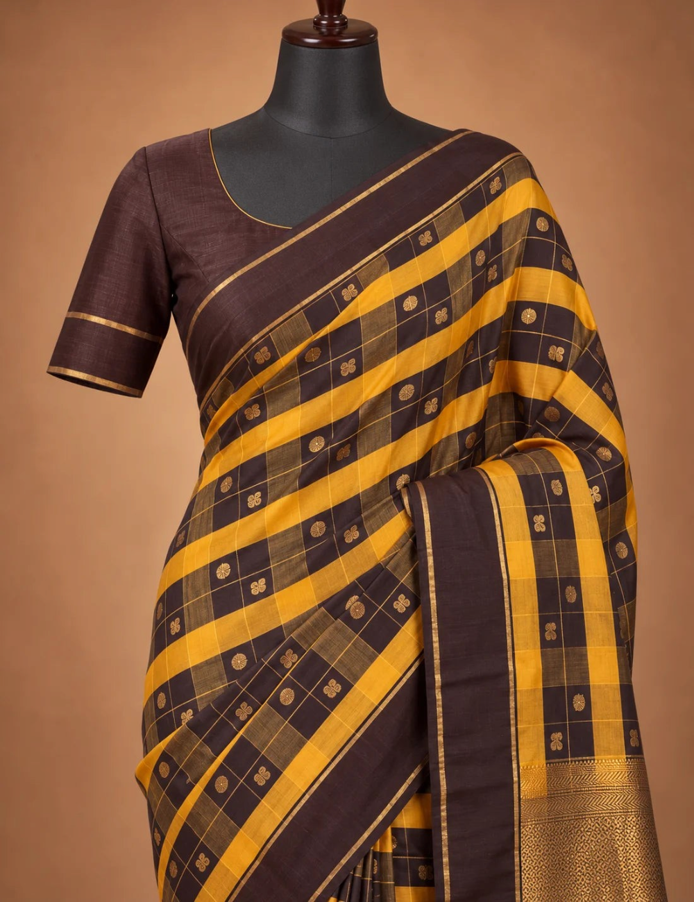 House Of Paramya mustard yellow and brown soft silk saree with Paazhum Pazhamum checks, zari buttis, and gold border.