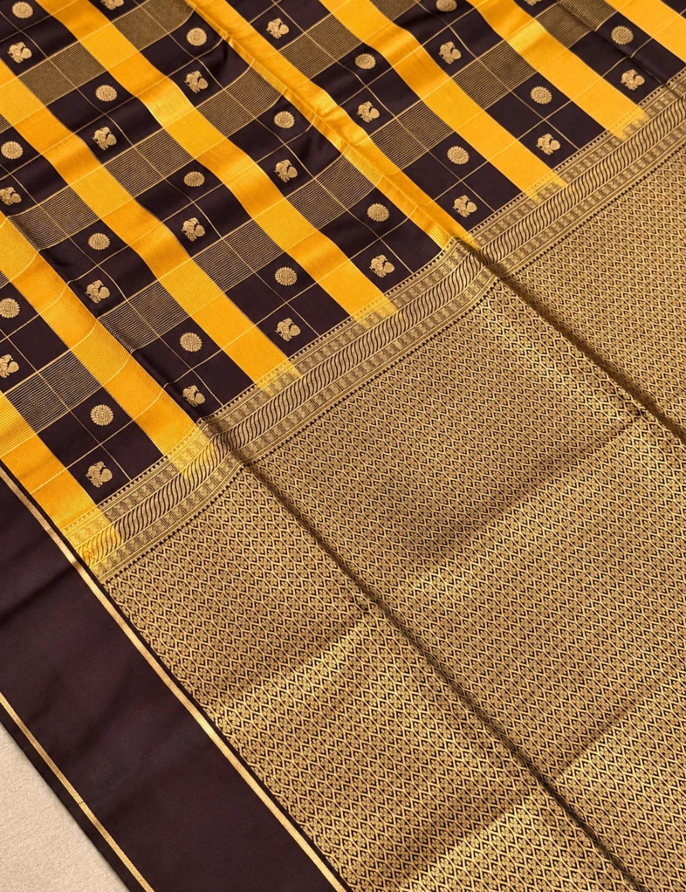 House Of Paramya mustard yellow and brown soft silk saree featuring Paazhum Pazhamum checks and antique gold zari pallu