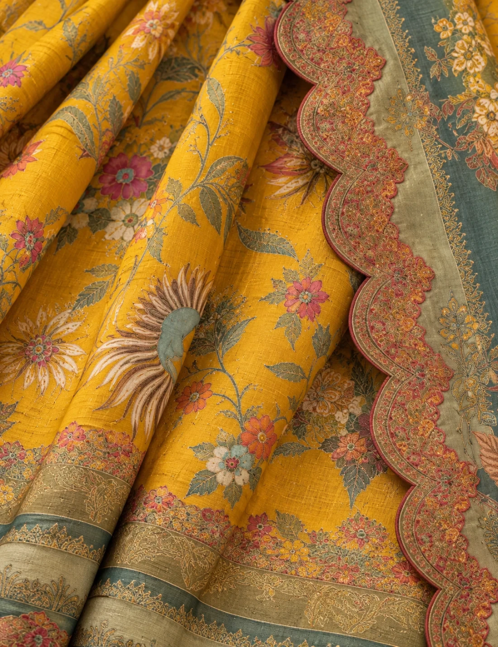 House Of Paramya mustard vegan silk viscose saree featuring woven crane and garden jacquard with scalloped embroidery
