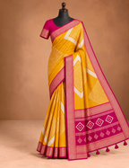 House Of Paramya mustard and magenta vegan silk saree with ikat diamond print and woven zari border on a mannequin