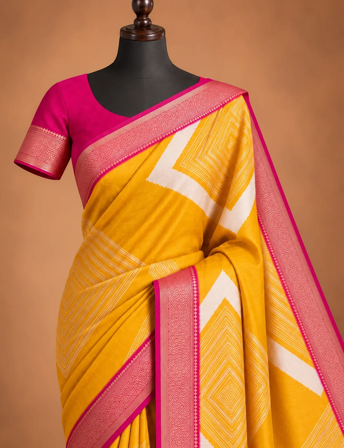 House Of Paramya mustard and magenta vegan silk saree with ikat diamond print and woven zari border on a mannequin