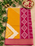 House Of Paramya mustard and magenta vegan silk saree with ikat diamond print and woven zari border