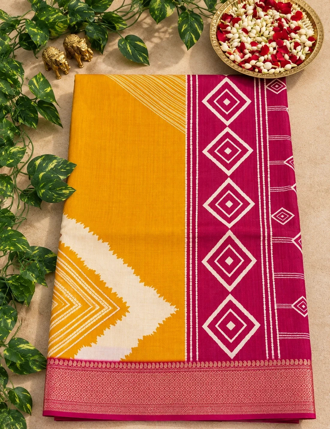 House Of Paramya mustard and magenta vegan silk saree with ikat diamond print and woven zari border