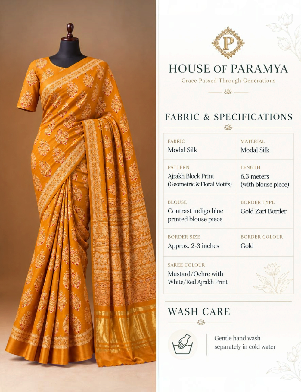 House Of Paramya mustard modal silk saree with red and white Ajrakh block print and a shimmering gold zari border.