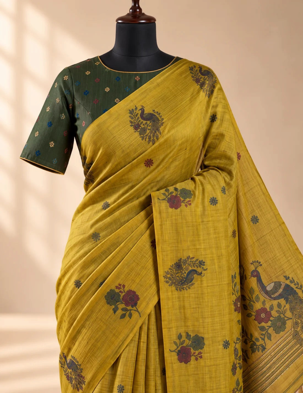 House Of Paramya mustard olive Munga cotton saree with woven peacock and floral motifs and deep green blouse piece