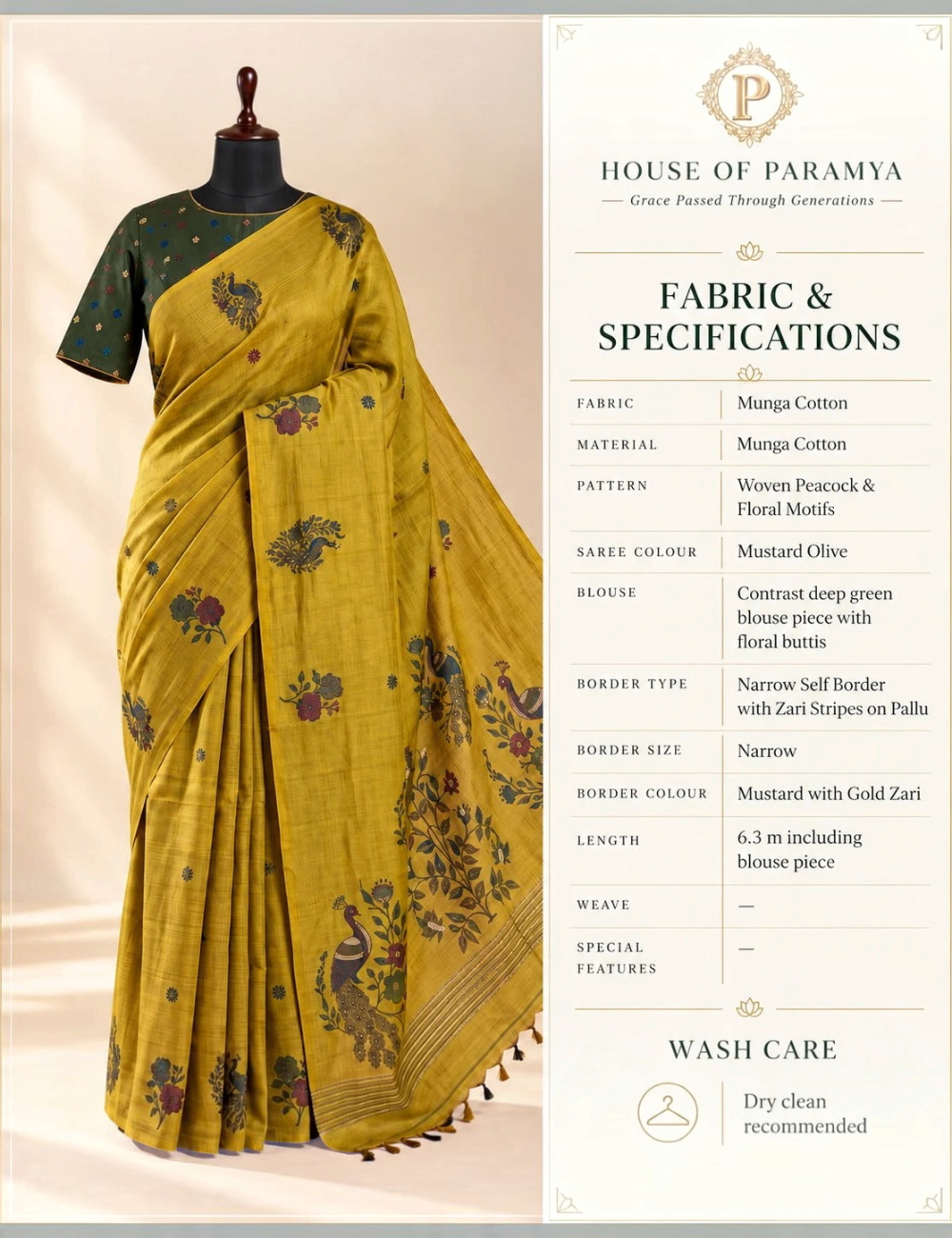 House Of Paramya mustard olive Munga cotton saree with woven peacock and floral motifs and a deep green blouse piece