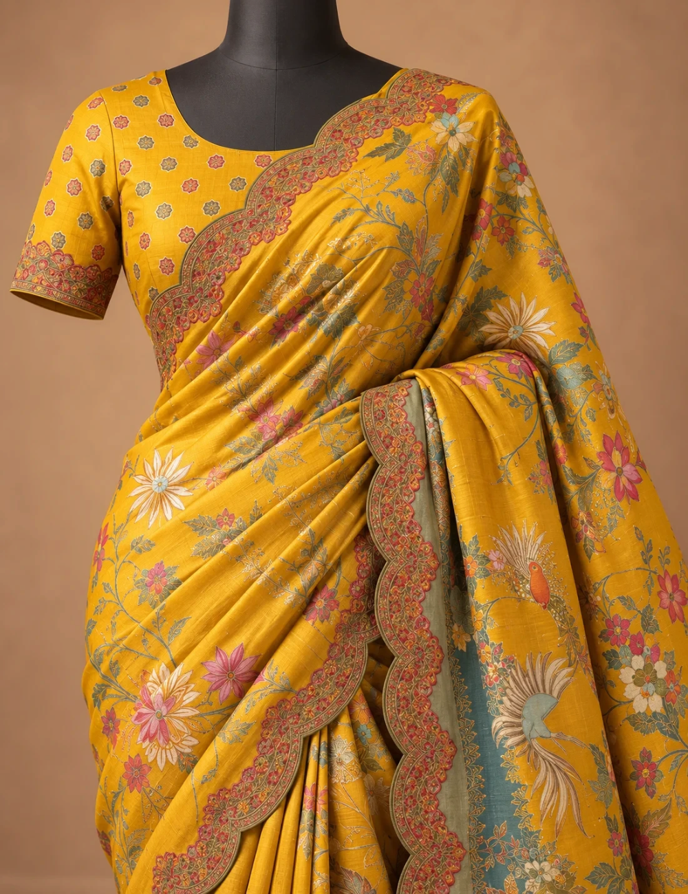 House Of Paramya mustard vegan silk viscose saree featuring woven crane and garden jacquard with a scalloped border.