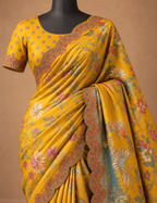 House Of Paramya mustard vegan silk viscose saree with woven crane and garden jacquard and scalloped embroidered border