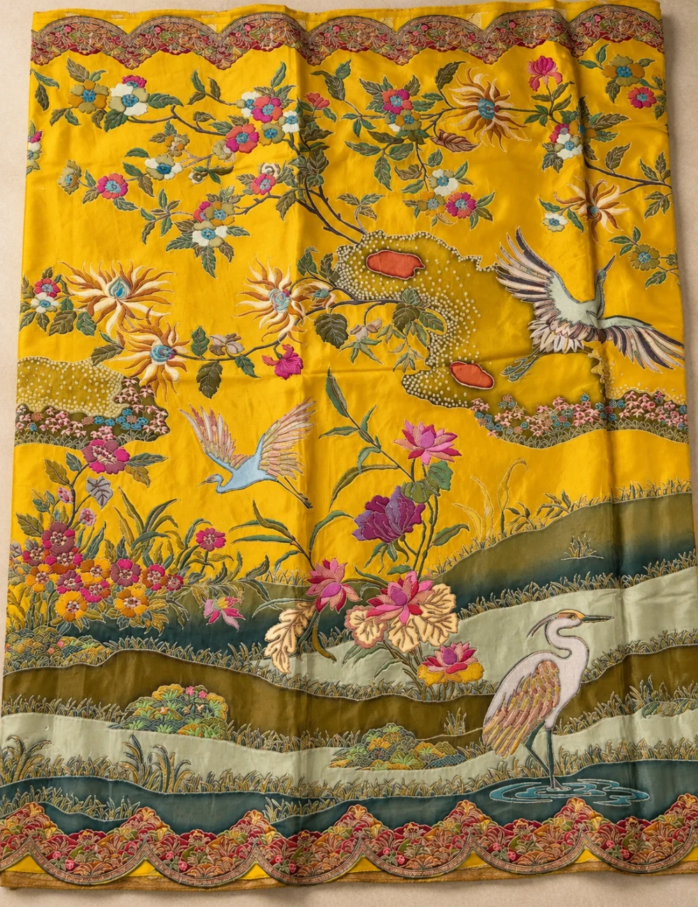House Of Paramya mustard vegan silk viscose saree featuring a woven crane and garden jacquard with scalloped border