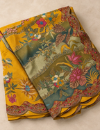House Of Paramya mustard vegan silk viscose saree featuring woven crane and garden jacquard with a scalloped border.