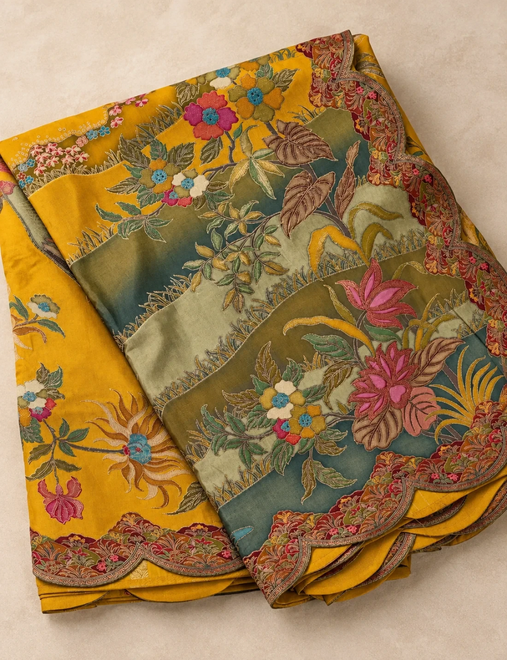 House Of Paramya mustard vegan silk viscose saree featuring woven crane and garden jacquard with a scalloped border.