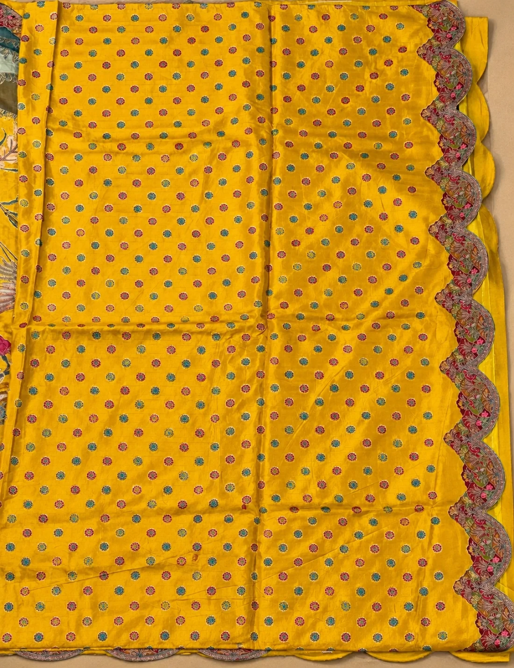 House Of Paramya mustard vegan silk viscose saree with woven crane and garden jacquard and scalloped embroidered border