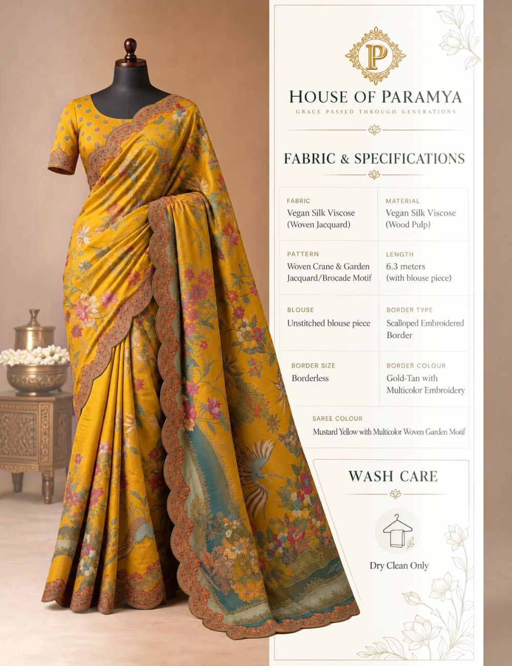 House Of Paramya mustard vegan silk viscose saree with woven crane and garden jacquard and scalloped embroidered border