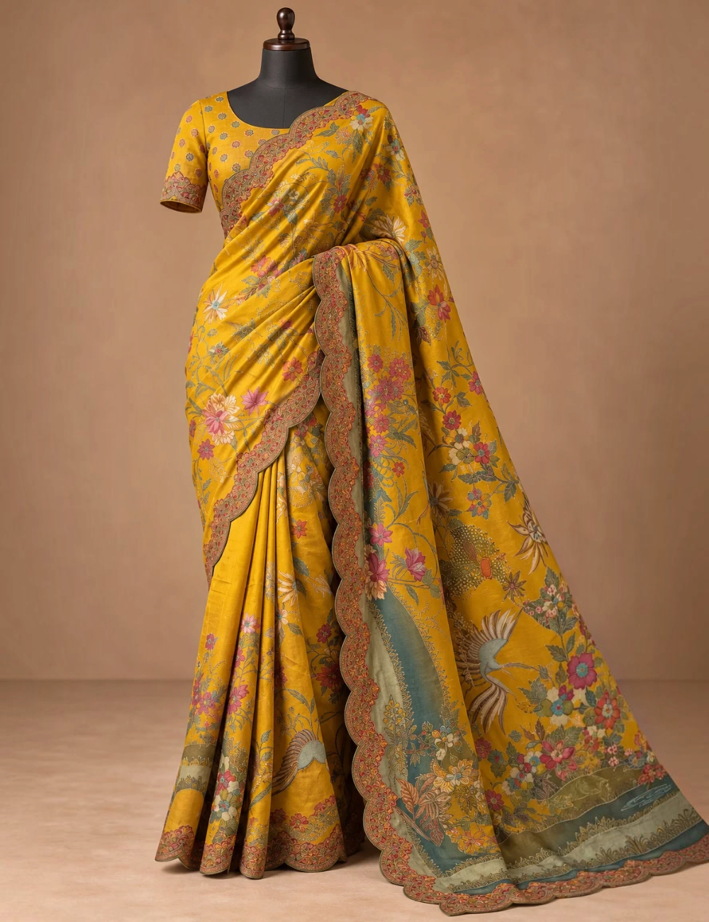House Of Paramya mustard vegan silk viscose saree featuring woven crane and garden jacquard with a scalloped border.