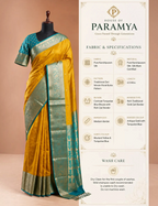 House Of Paramya mustard yellow Kanchipuram silk saree with turquoise blue contrast blouse and gold zari floral border