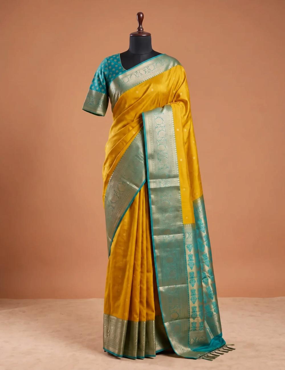 House Of Paramya mustard yellow Kanchipuram silk saree with turquoise blue blouse and intricate gold zari border
