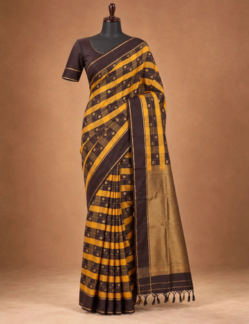 House Of Paramya mustard yellow and brown soft silk saree with checkered pattern, zari buttis, and gold zari pallu.