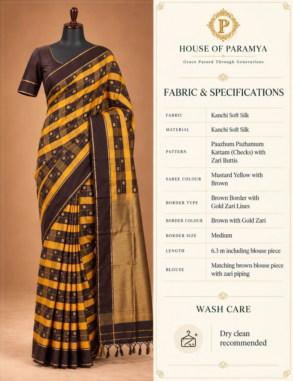 House Of Paramya mustard yellow and brown Kanchi soft silk saree with traditional check pattern and gold zari buttis.