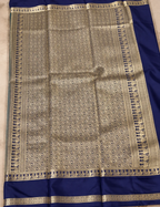 House Of Paramya azure and royal blue pure Mysore silk saree featuring a geometric zari weave and silver zari border.
