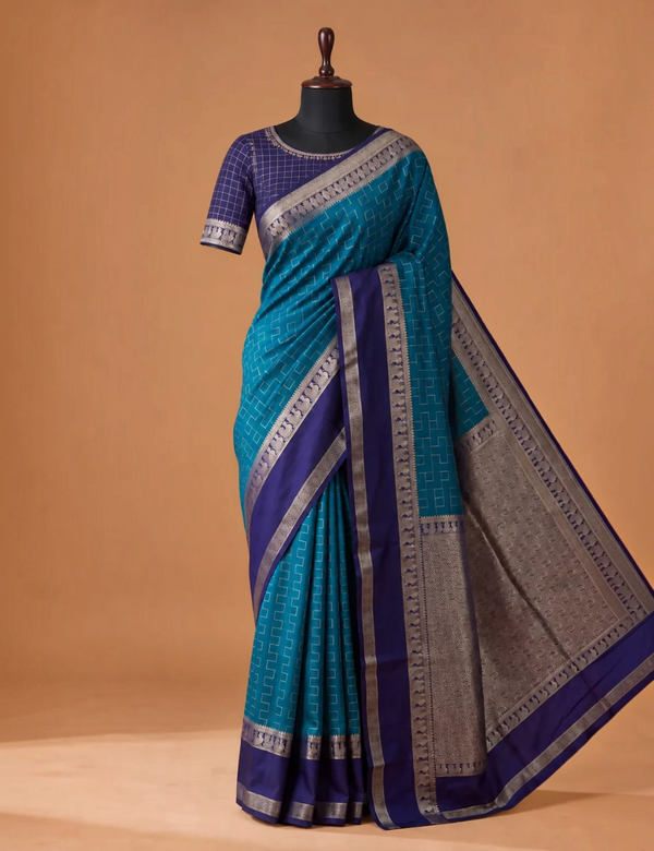 House Of Paramya azure and royal blue Mysore silk saree with geometric zari weave and silver border on a mannequin
